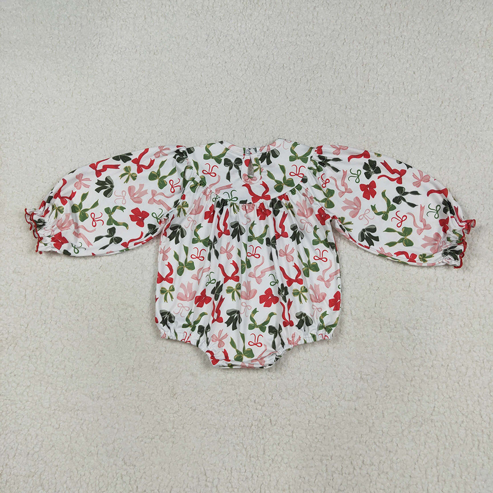 USA Shop (in stock)LR2276 Baby Girls Winter Rompers Baby Girls Smocked Embroidery Merry Christmas Colorful Bows Rompers