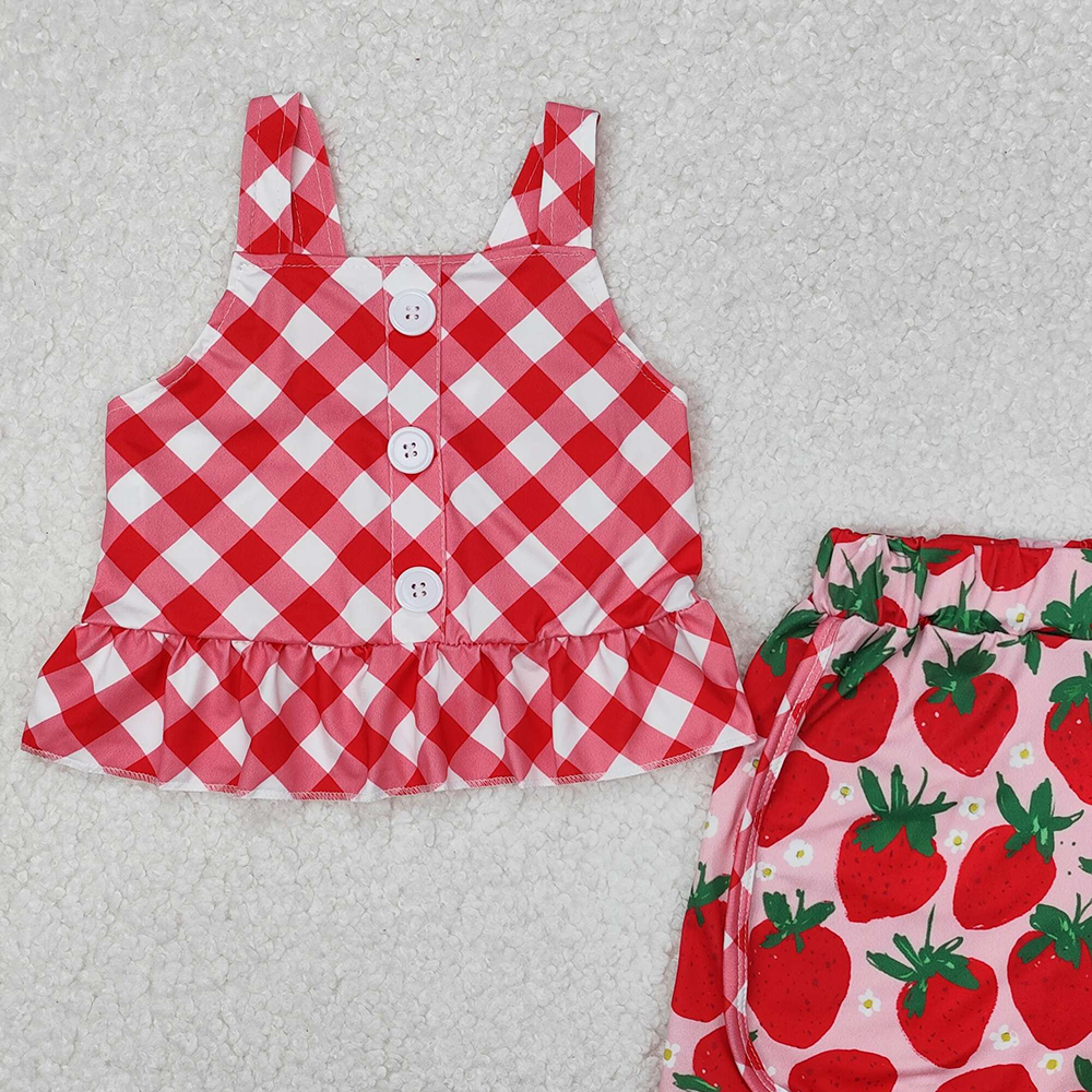 GSSO2037 New Rts No Moq 8-9 Days By Air Arrived it Red plaid peplum strawberry shorts kids girls summer outfits