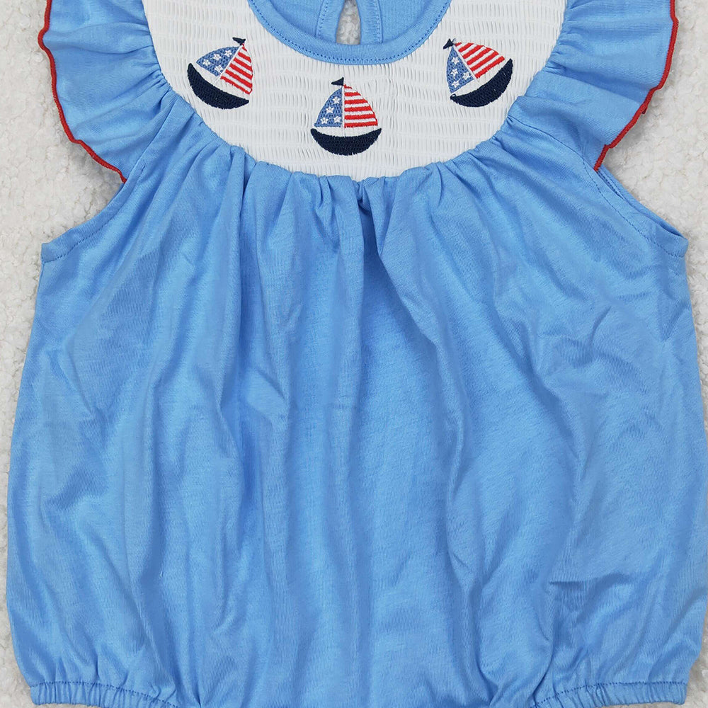 4.10 SR2573 RTS NO MOQ Baby Girls Summer Romper Light blue boat smocked baby girls 4th of july romper