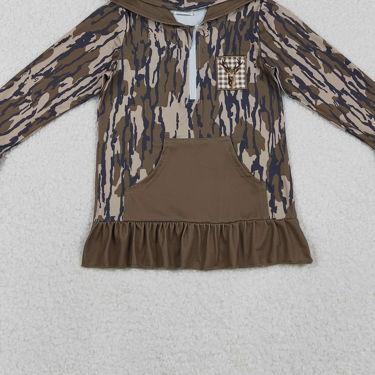 11.11 RTS NO MOQ (In stock)GT1135 Embroidery Deer Baby Girls Olive Camo Pocket Zipper Hunting Hoodies Top