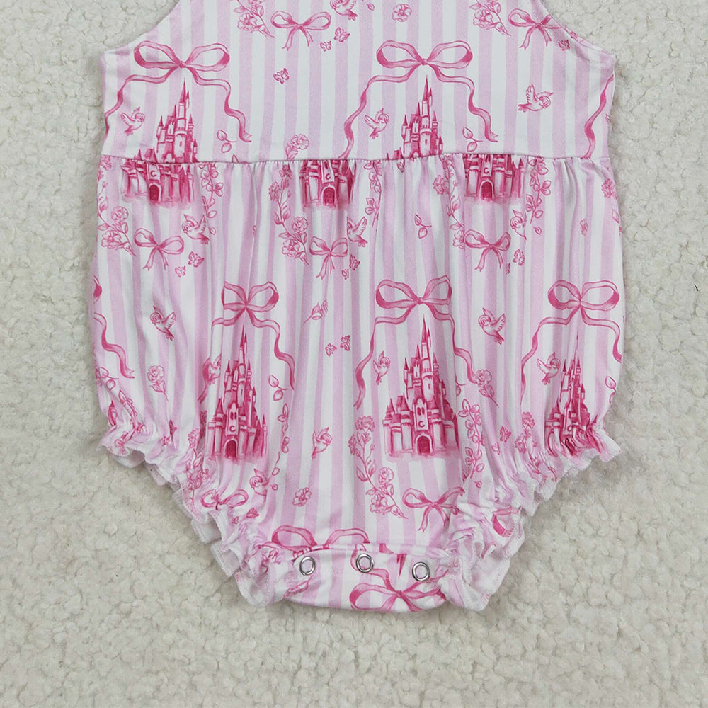 RTS NO MOQ (In stock)SR3077 Baby Girls Summer Rompers Baby Girls Pink Bows Strap Castles Ruffle Rompers