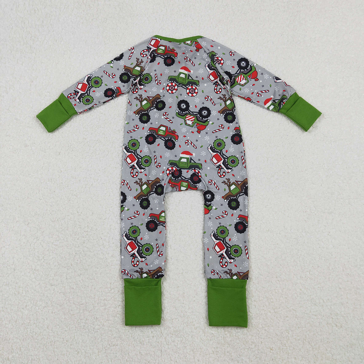 11.3 RTS NO MOQ (In stock)LR2669 Baby Boys Winter Rompers Baby Boys Trucks Candy Cane Christmas Two Way Zip Convertible
