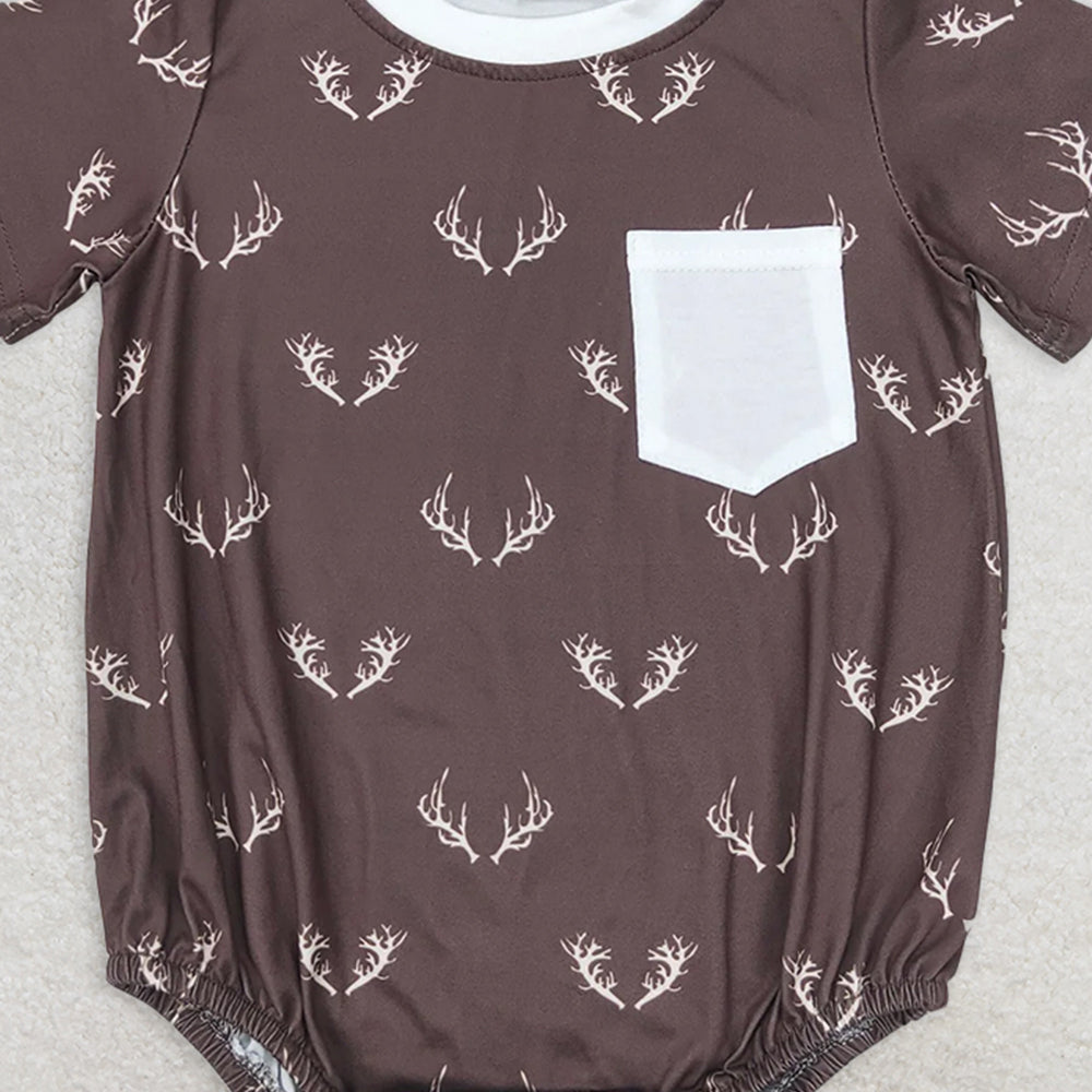 SR1614 RTS NO MOQ Baby Boys Summer Rompers Baby Boys Deer Short Sleeve Pocket Rompers