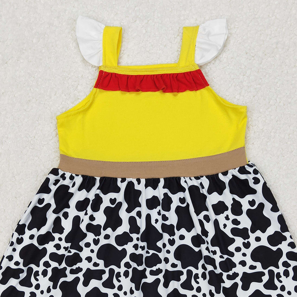 GSD1881 RTS NO MOQ Yellow cow print flutter sleeves ruffle baby girls dress