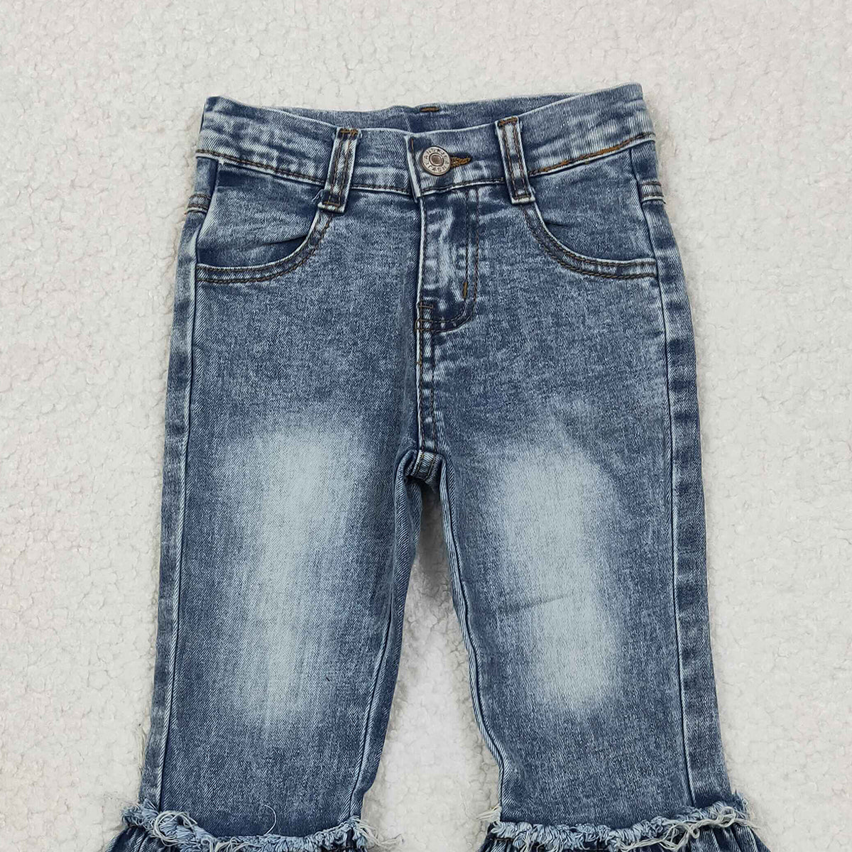 10.28 RTS NO MOQ (In stock)P0676 Baby Girls Denim Pants Baby Girls Navy Bleached Denim Flare Pants Jeans