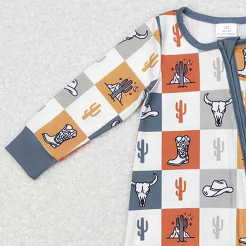 LR0803Plaid Baby Western Zipper Romper Bull Skull Cactus Boot Print Design Baby Boy Girl Rompers for Special Occasions