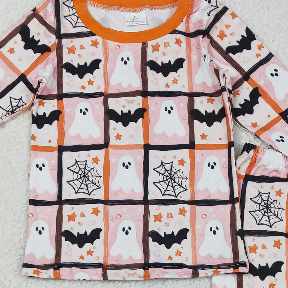 RTS NO MOQ (In stock)GLP2682 Baby Girls Winter Outfits Ghosts Bats Plaid Top Pants Halloween Pajamas Set