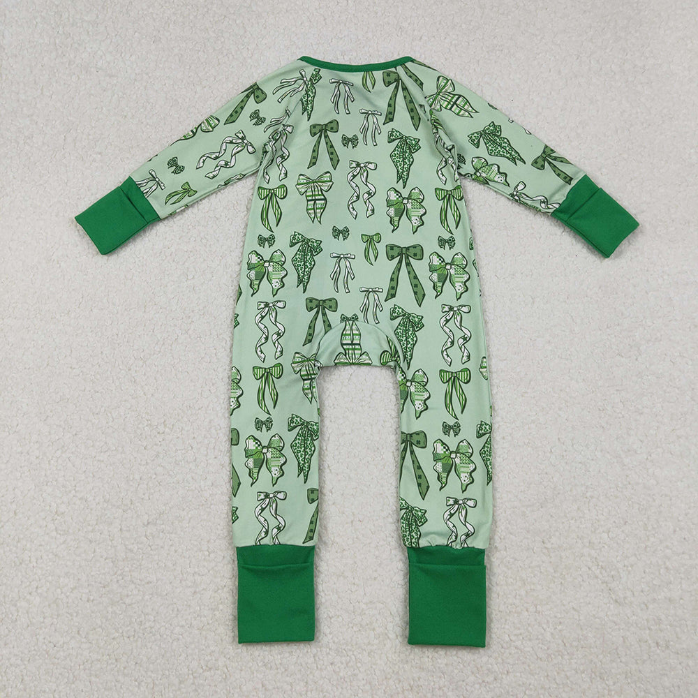 9.29 RTS NO MOQ (In stock) 6-12m-7-8t GLP2840 Baby Girls Winter Outfits Baby Girls Green Clovers Leopard Bows Top Pants St Patrick Pajamas Sets