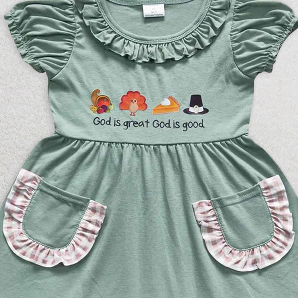 GSD0481 RTS NO MOQ Baby Girls Summer Dress God is great god is good turkey girls Thanksgiving dress