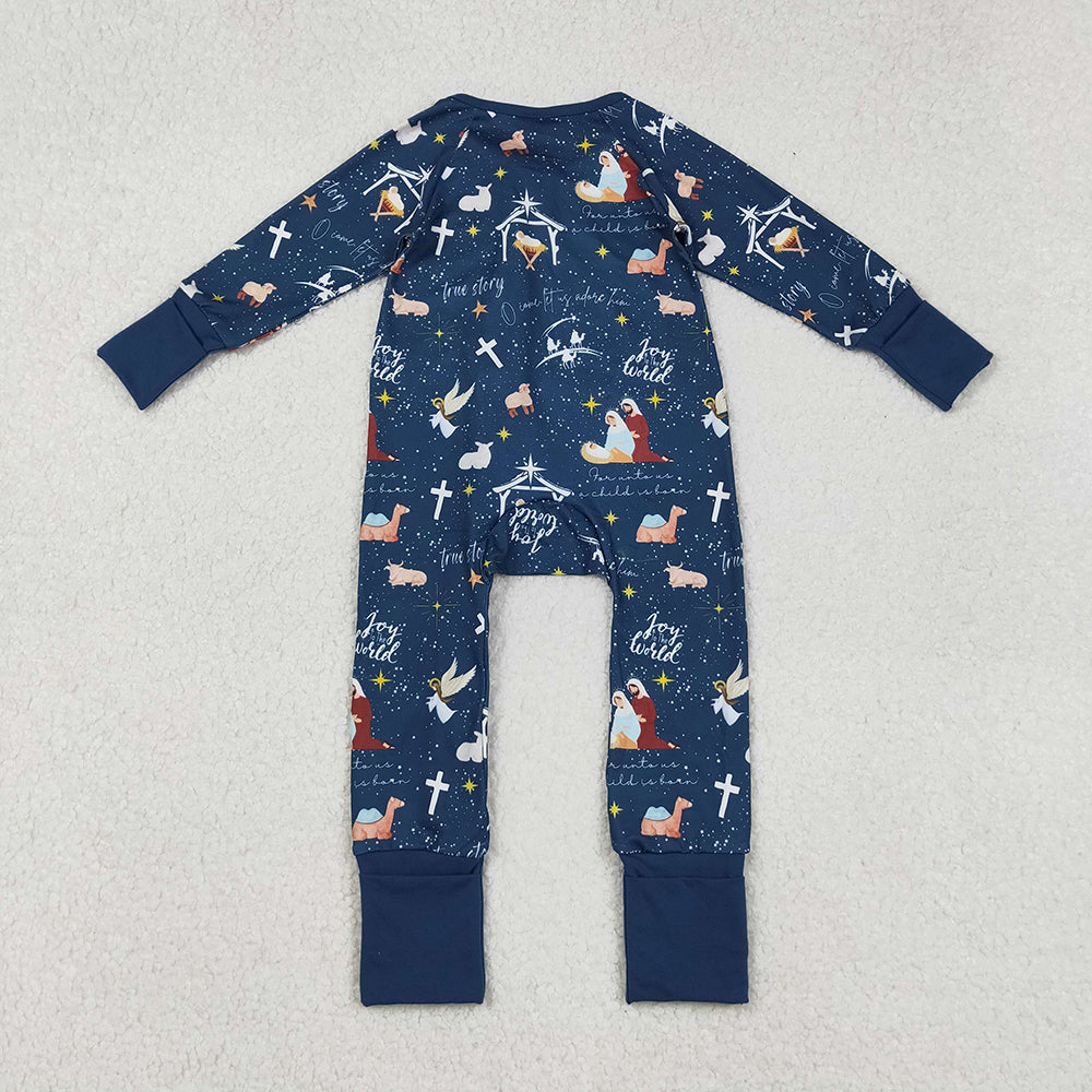 RTS NO MOQ (In stock)LR2504 Baby Boys Winter Rompers Blue Long Sleeve Cross Nativity Baby Christmas Zip Romper for Infants Boy