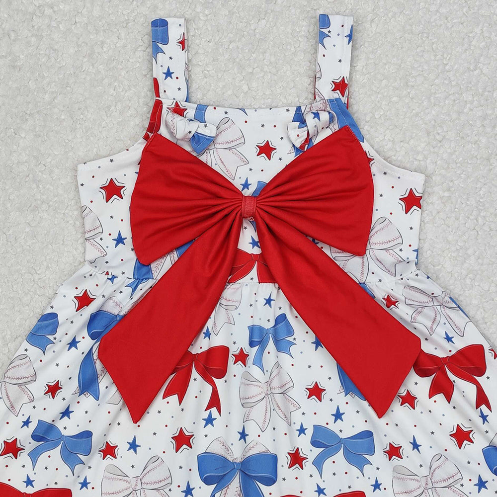 GSD1866Baby Girls Straps Dresses Red Blue Baseball Bow Cute Fashionable Kids Clothing