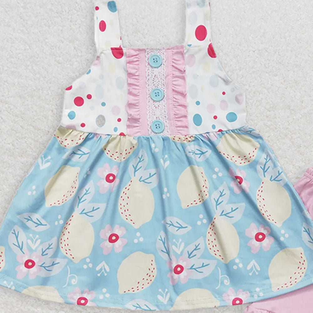 GSSO1133 RTS NO MOQ Baby Girls Summer OutfitsLemon flower sleeveless pink shorts set