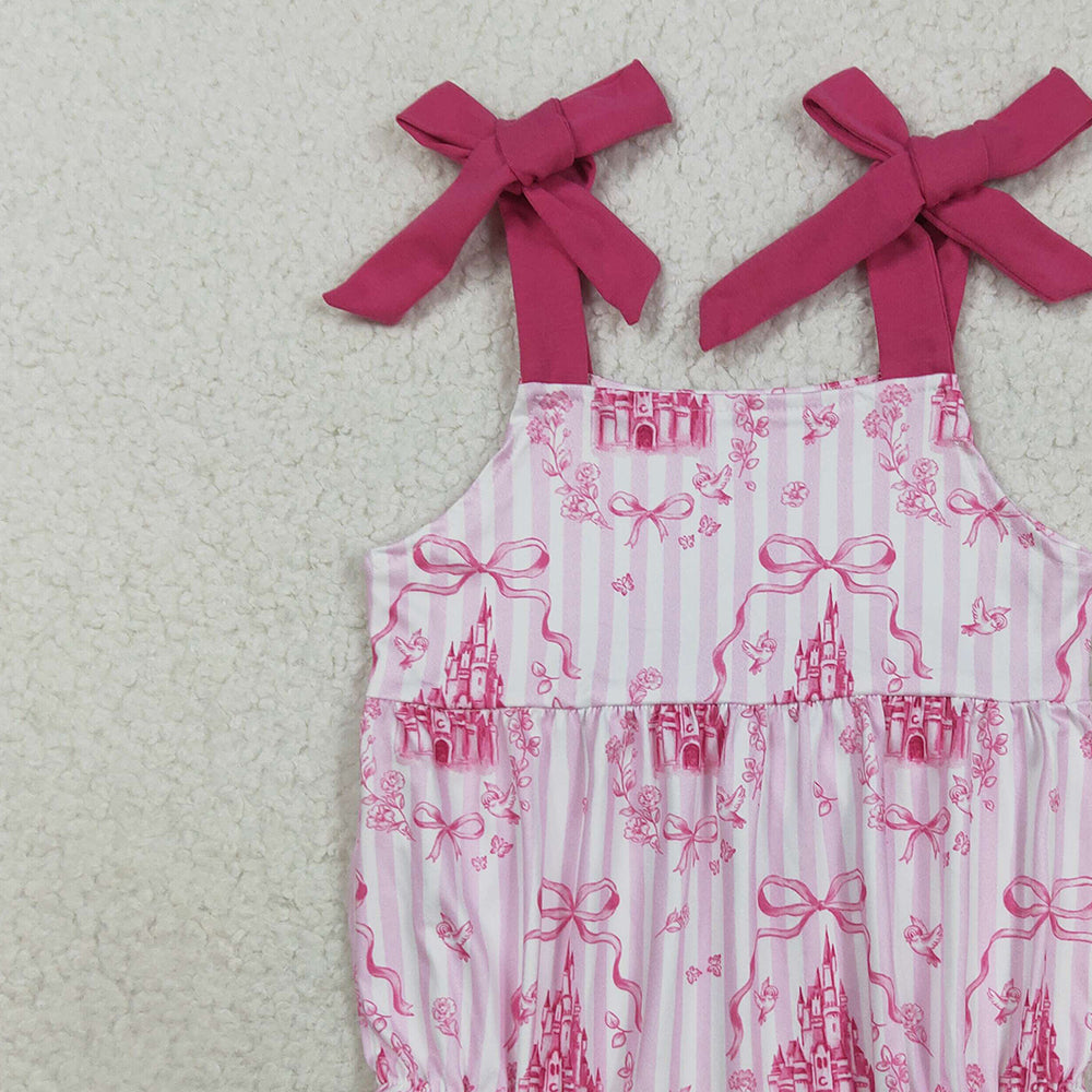 RTS NO MOQ (In stock)SR3077 Baby Girls Summer Rompers Baby Girls Pink Bows Strap Castles Ruffle Rompers