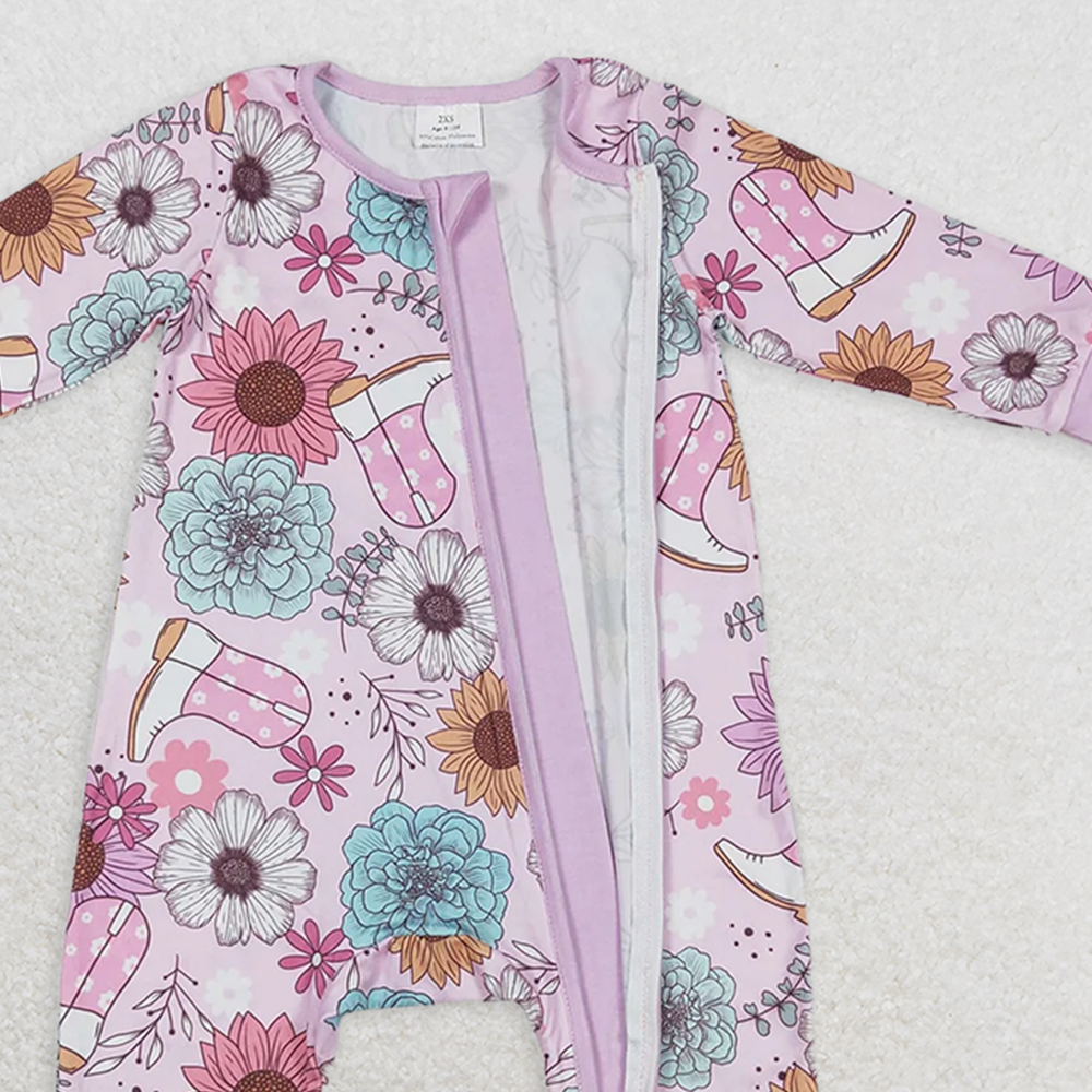 5.17 LR0801 RTS NO MOQ Baby Girls Winter Rompers Pink flower boots western baby girls zipper romper