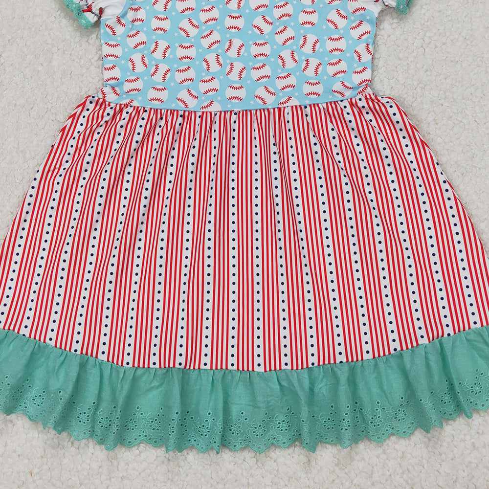 4.08 GSD1749 RTS NO MOQ Baby Girls Summer Dress Aqua Short Ruffle Sleeves Baseballs Print Red Stripe Lace Dresses