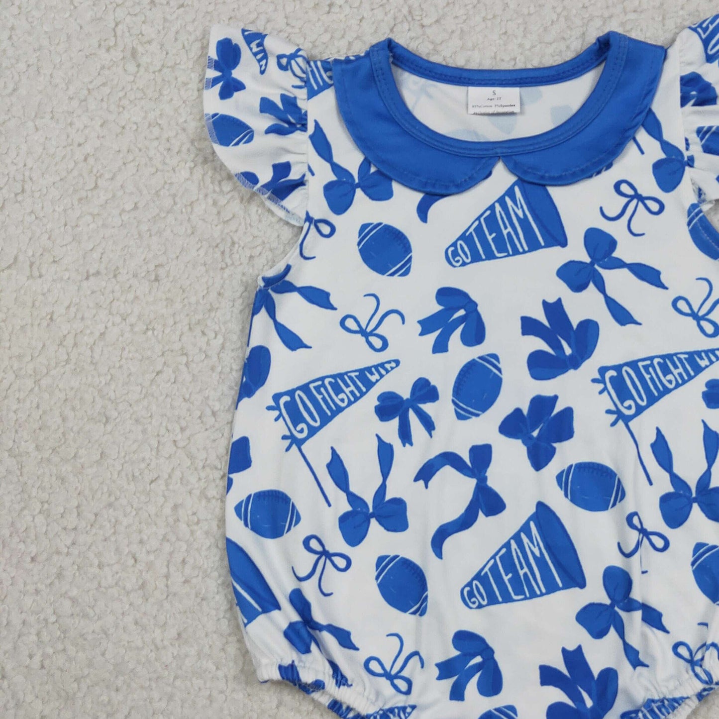 SR3192 RTS NO MOQ (In stock)Flutter sleeves football blue bow baby girls team romper