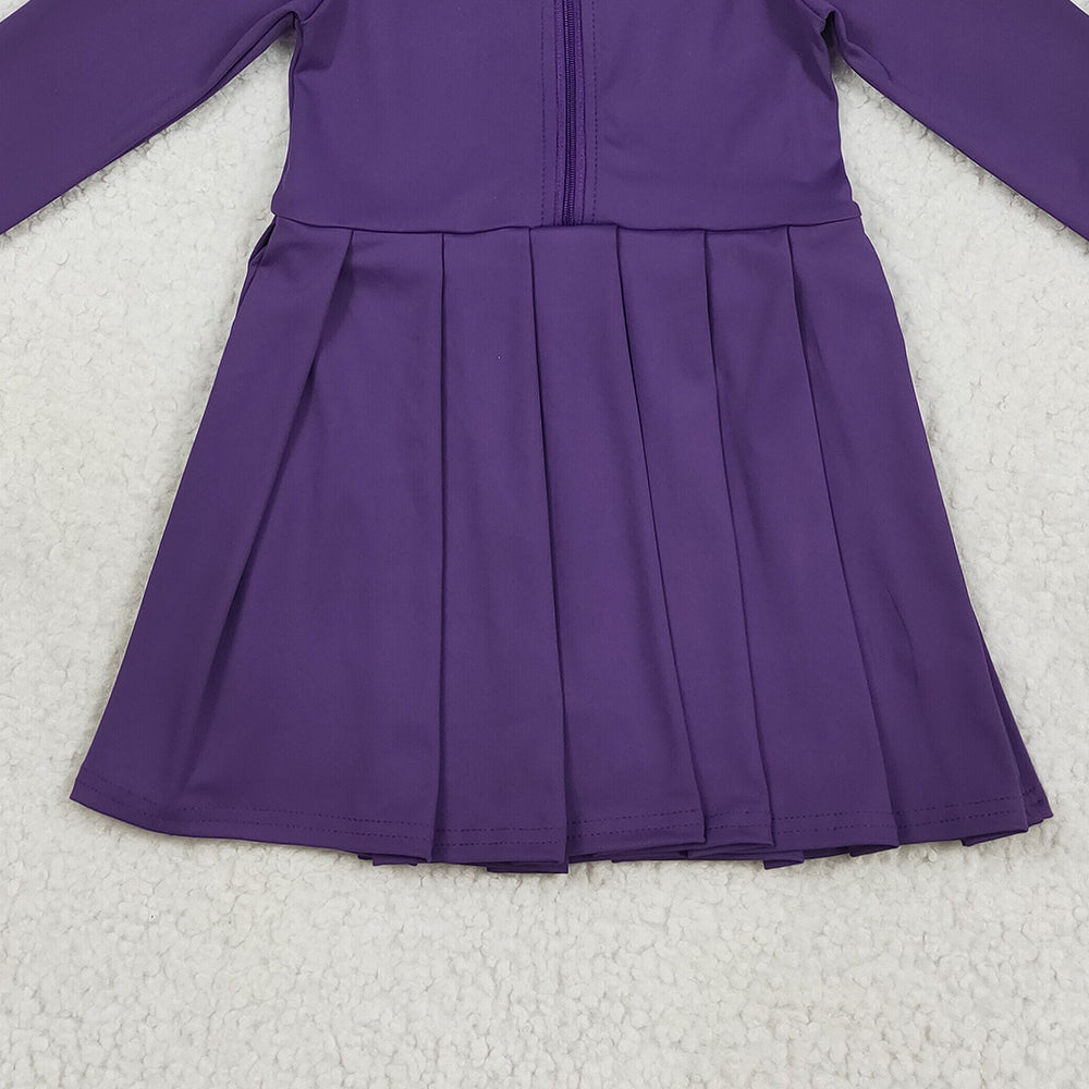 RTS NO MOQ (In stock)GLD1152 Baby Girls Yoga Dress Baby Girls Purple Long Sleeves Zipper Yoga Active Knee Length Dresses