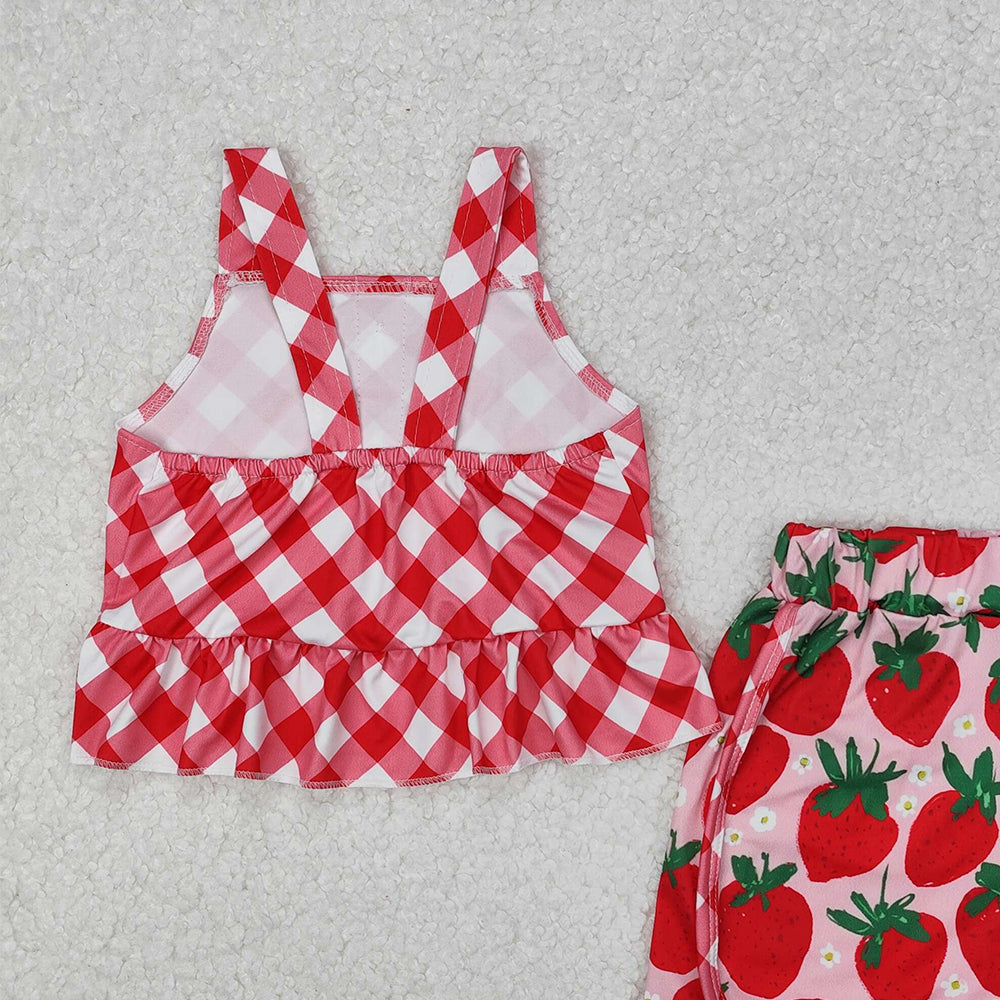 GSSO2037 New Rts No Moq 8-9 Days By Air Arrived it Red plaid peplum strawberry shorts kids girls summer outfits