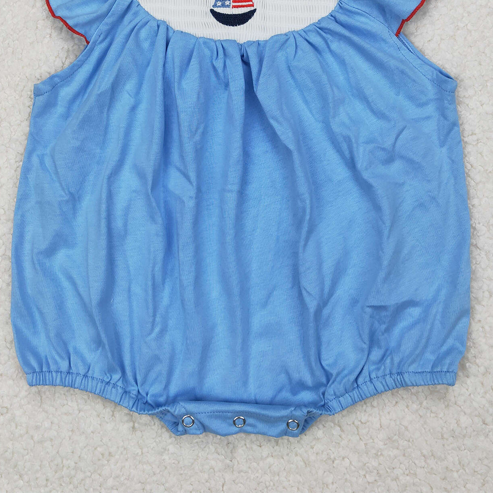 4.10 SR2573 RTS NO MOQ Baby Girls Summer Romper Light blue boat smocked baby girls 4th of july romper