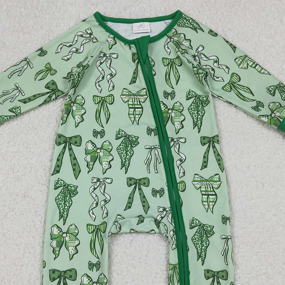 9.29 RTS NO MOQ (In stock) 6-12m-7-8t GLP2840 Baby Girls Winter Outfits Baby Girls Green Clovers Leopard Bows Top Pants St Patrick Pajamas Sets