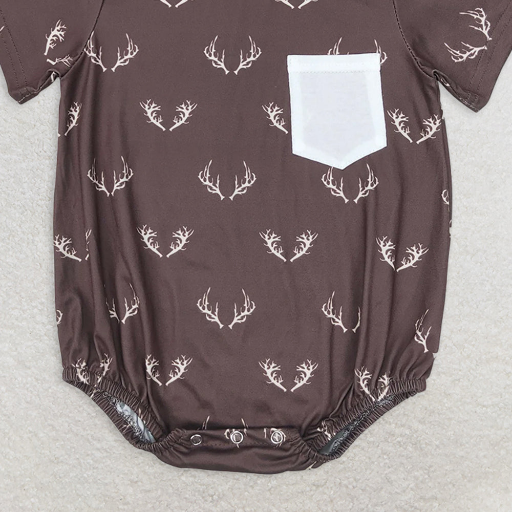 SR1614 RTS NO MOQ Baby Boys Summer Rompers Baby Boys Deer Short Sleeve Pocket Rompers