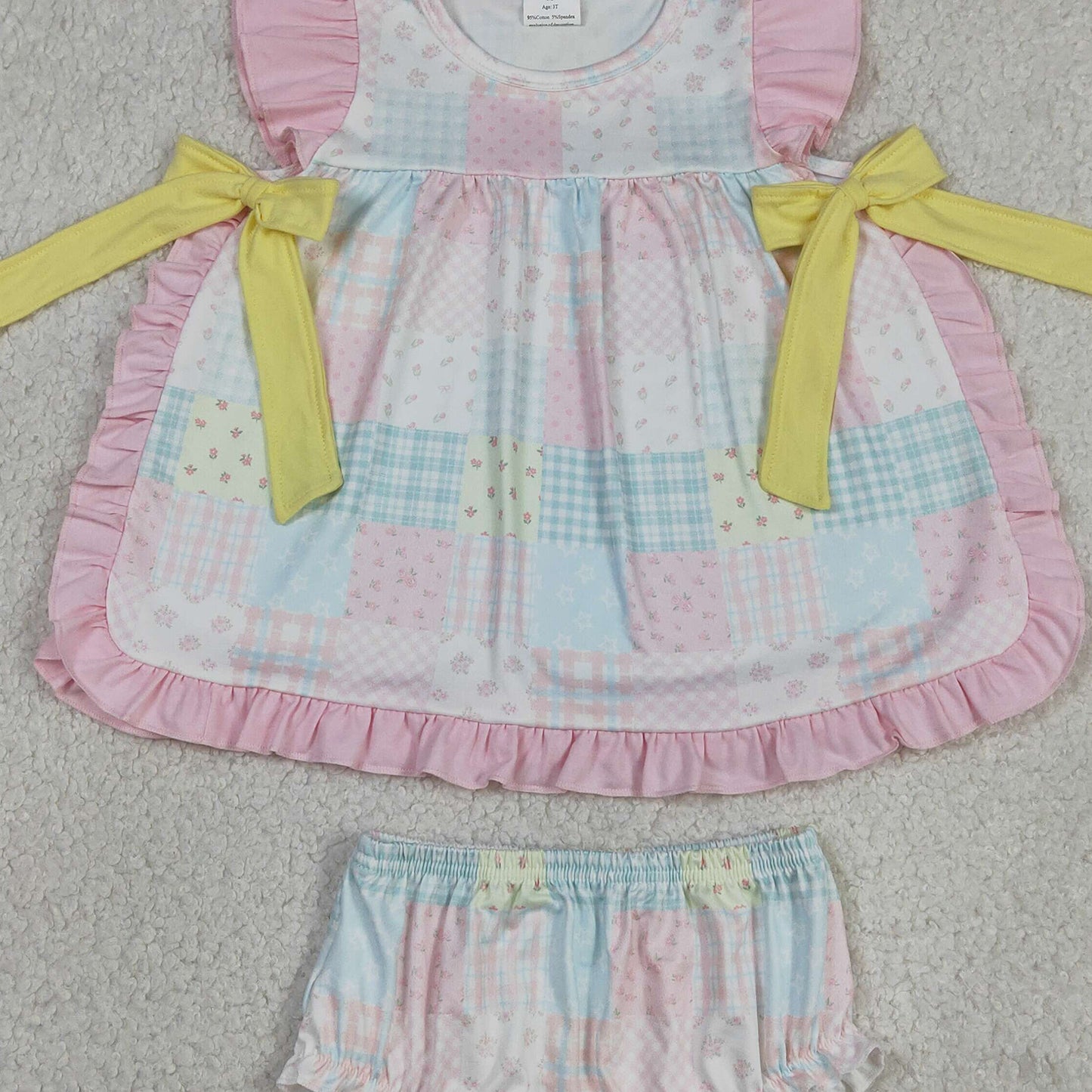 GBO0513 RTS NO MOQ (In stock)Pink flutter sleeves floral bow tunic bummies girls outfits