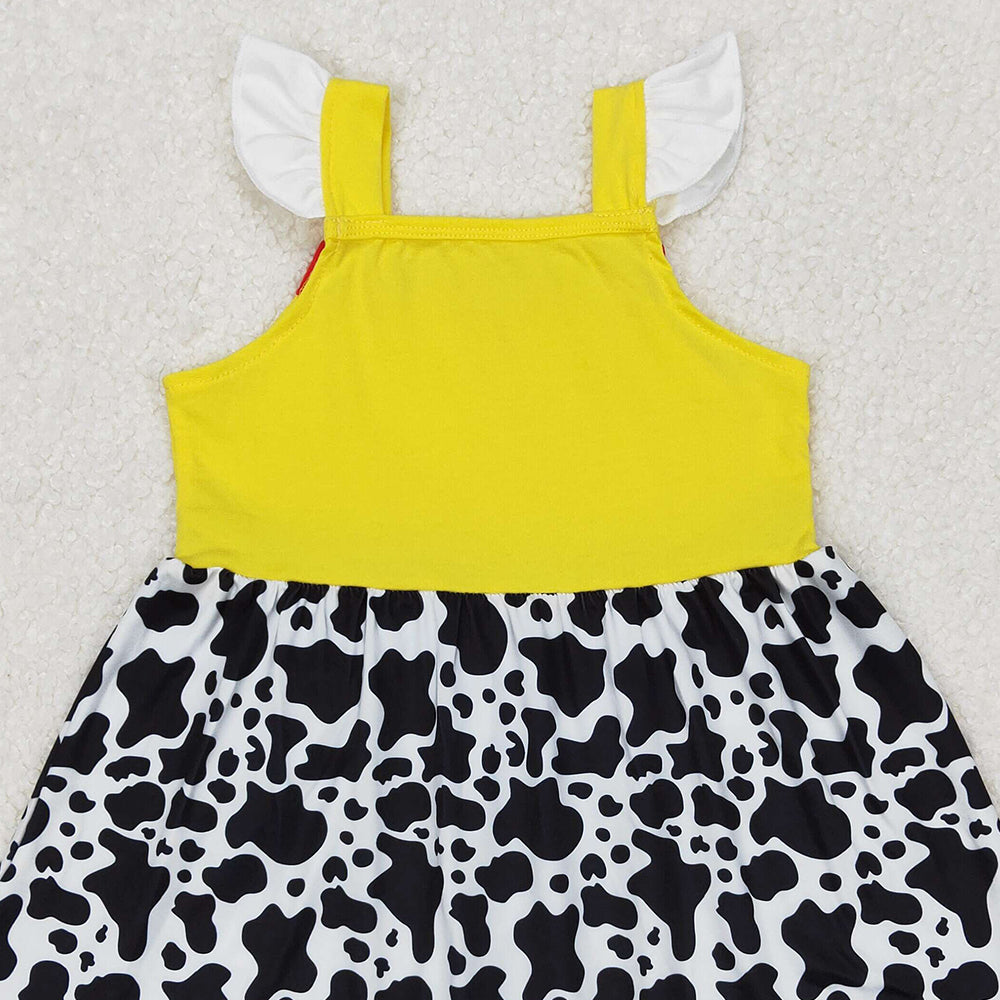 GSD1881 RTS NO MOQ Yellow cow print flutter sleeves ruffle baby girls dress
