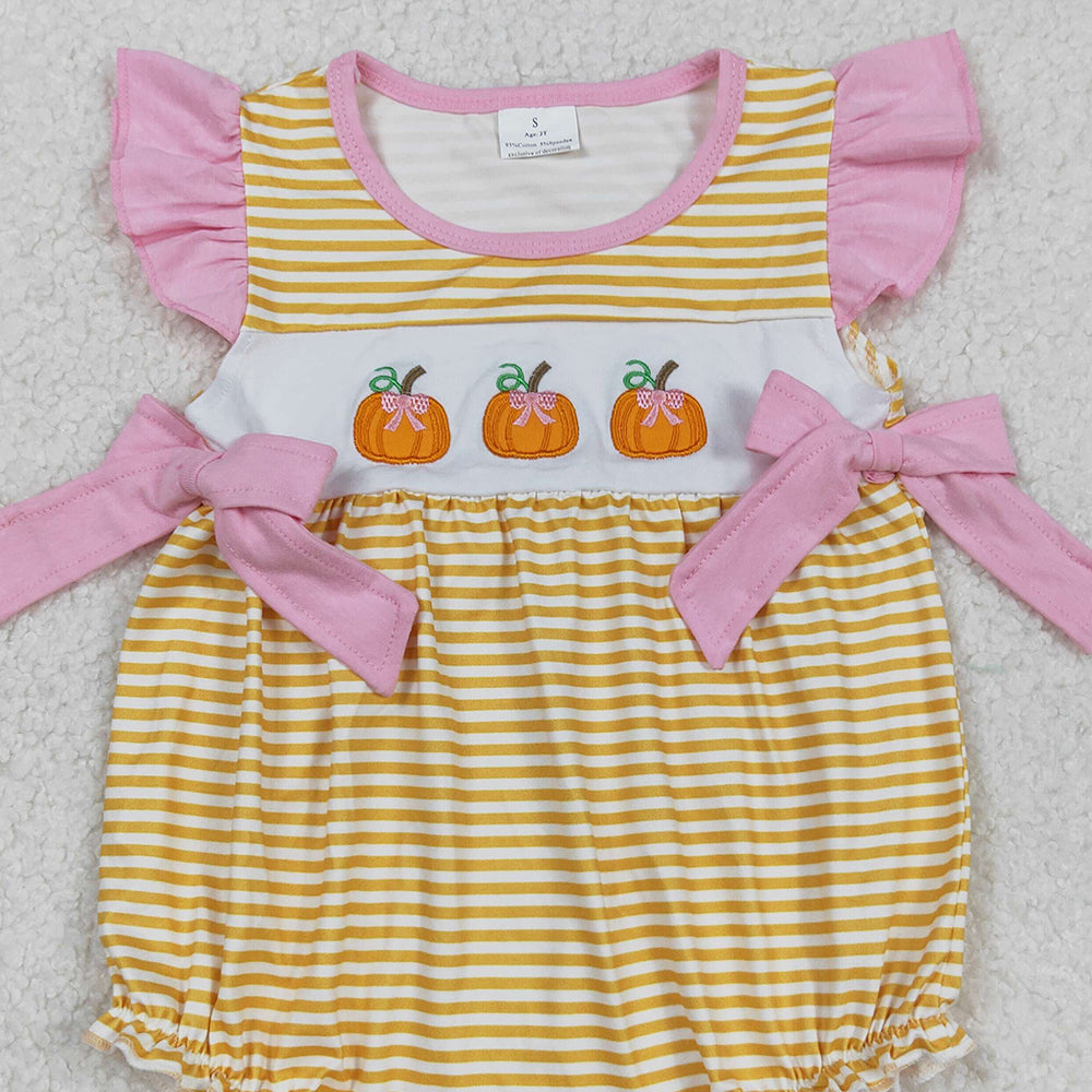 RTS NO MOQ (In stock)SR3125 Baby Girls Summer Rompers Embroidery Baby Girls Flutter Sleeves Yellow Stripe Pumpkins Ruffle Rompers