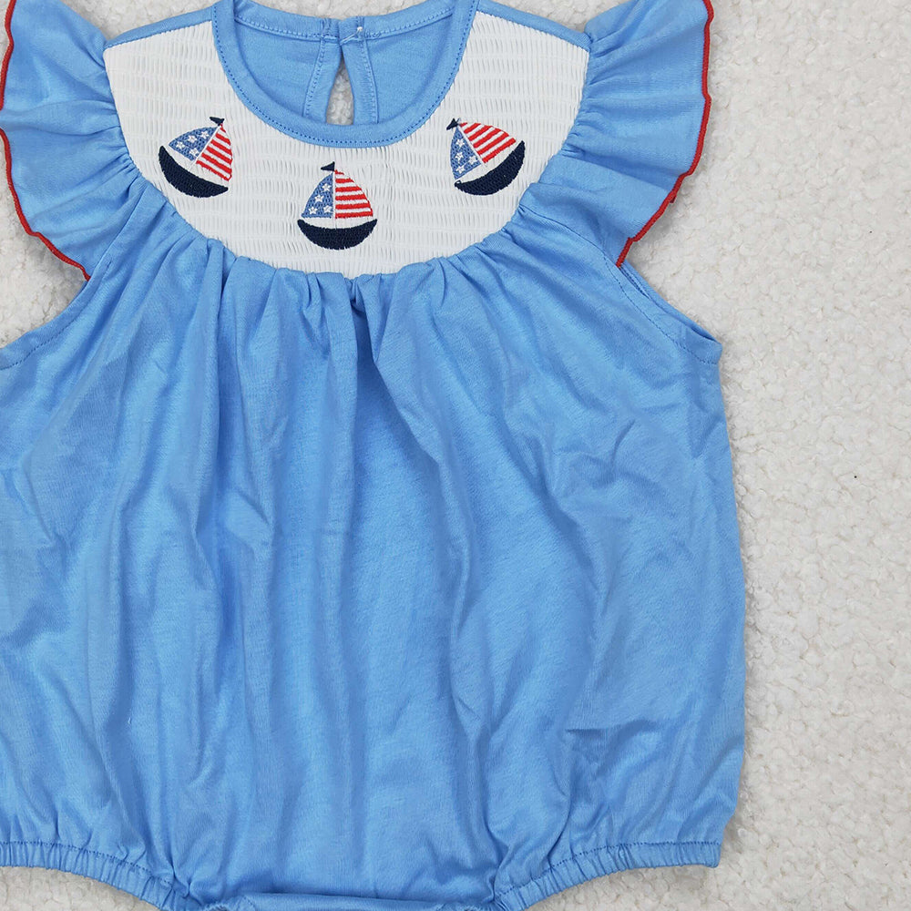 4.10 SR2573 RTS NO MOQ Baby Girls Summer Romper Light blue boat smocked baby girls 4th of july romper