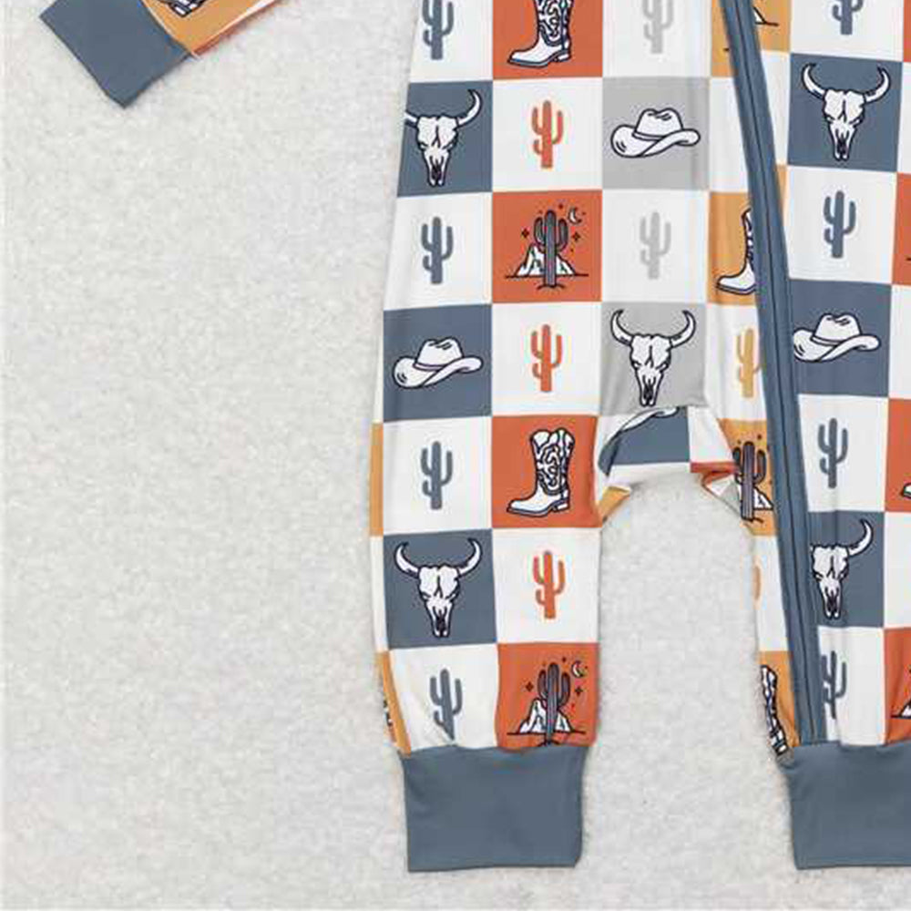 LR0803Plaid Baby Western Zipper Romper Bull Skull Cactus Boot Print Design Baby Boy Girl Rompers for Special Occasions