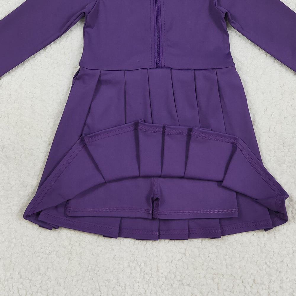 RTS NO MOQ (In stock)GLD1152 Baby Girls Yoga Dress Baby Girls Purple Long Sleeves Zipper Yoga Active Knee Length Dresses