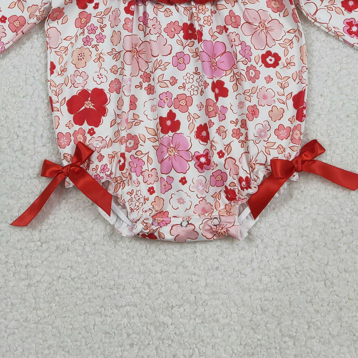 12.29 RTS NO MOQ (In stock)LR2769 Baby Girls Winter Rompers Smocked Jesus Love Me Baby Girls Flowers Ruffle Rompers