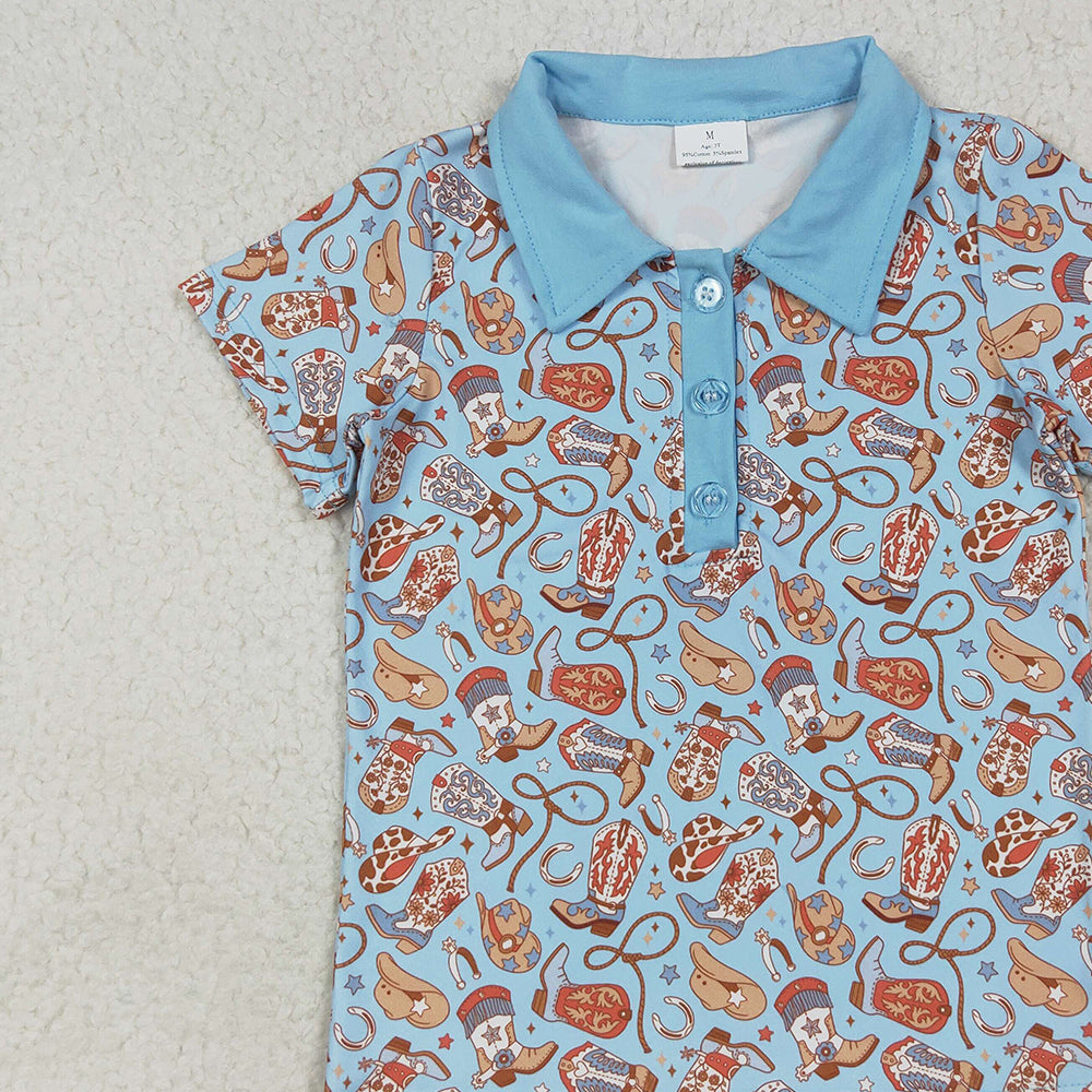 8.18 BT1256 RTS NO MOQ Baby Boys Summer Tops Baby Boys Blue Short Sleeves Hats Boots Button Pullovers Shirts Top