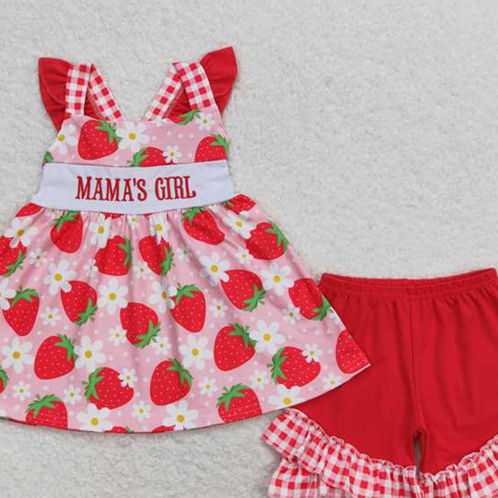 4.07 GSSO0835 RTS NO MOQ Baby Girls Summer Outfits Mama's girl strawberry floral tunic shorts girls clothing