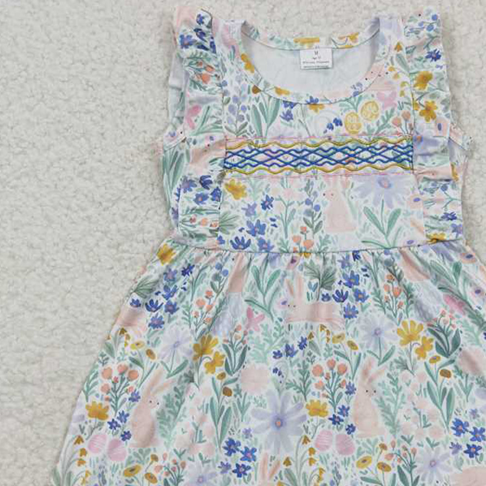 5.19 GSD0272 RTS NO MOQ Flutter sleeves rabbit floral embroidery baby girls dresses