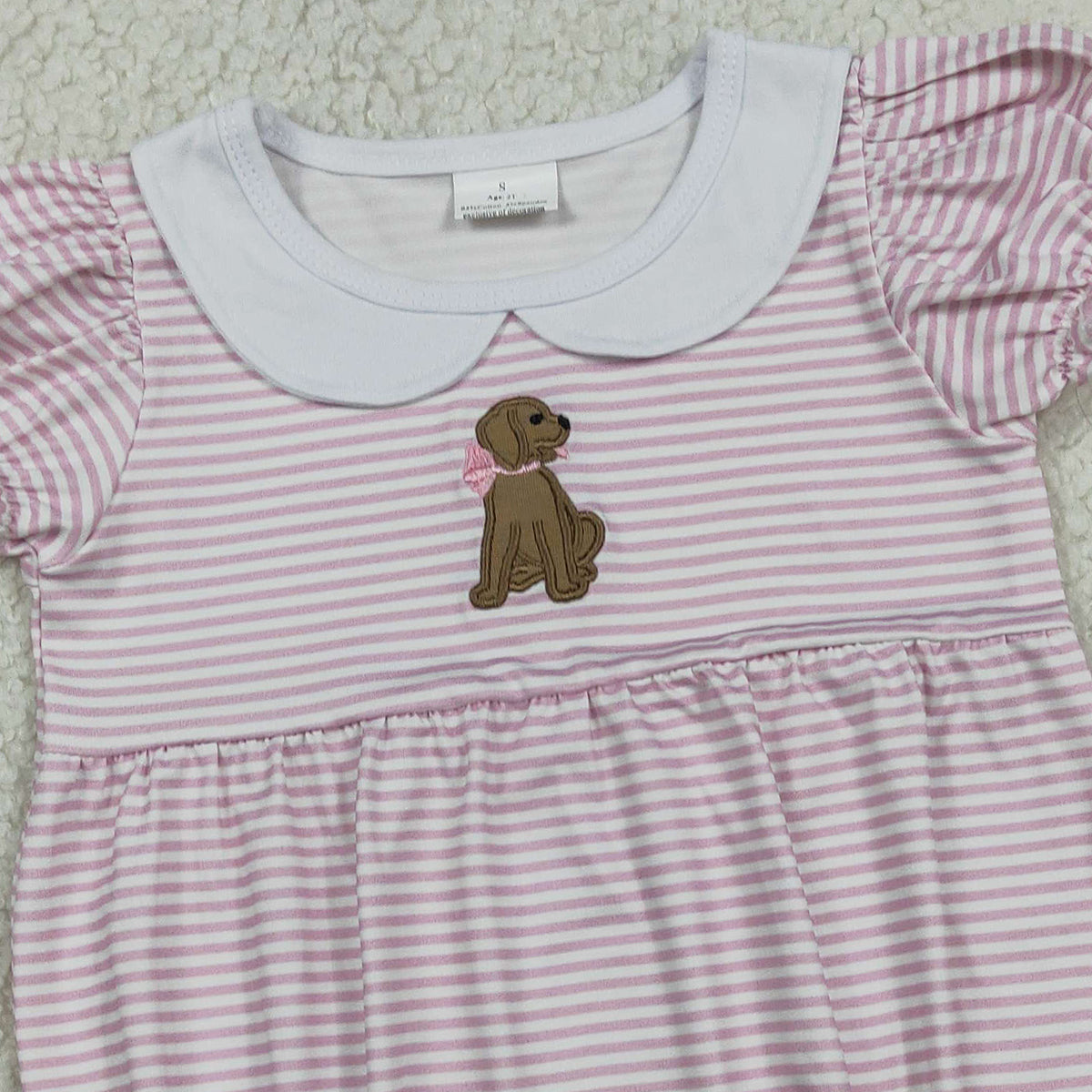 1.23 RTS NO MOQ (In stock)SR3476 Embroidery Bow Dogs Baby Girls Pink Stripe Collar Ruffle Rompers