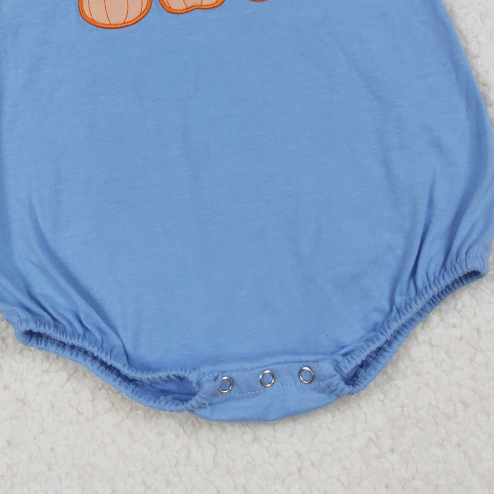 RTS NO MOQ (In stock)SR3190 Baby Boys Summer Rompers Embroidery Dogs Pumpkins Blue Sleeveless Fall Rompers