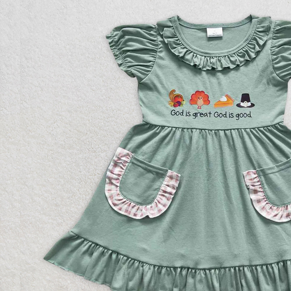 GSD0481 RTS NO MOQ Baby Girls Summer Dress God is great god is good turkey girls Thanksgiving dress