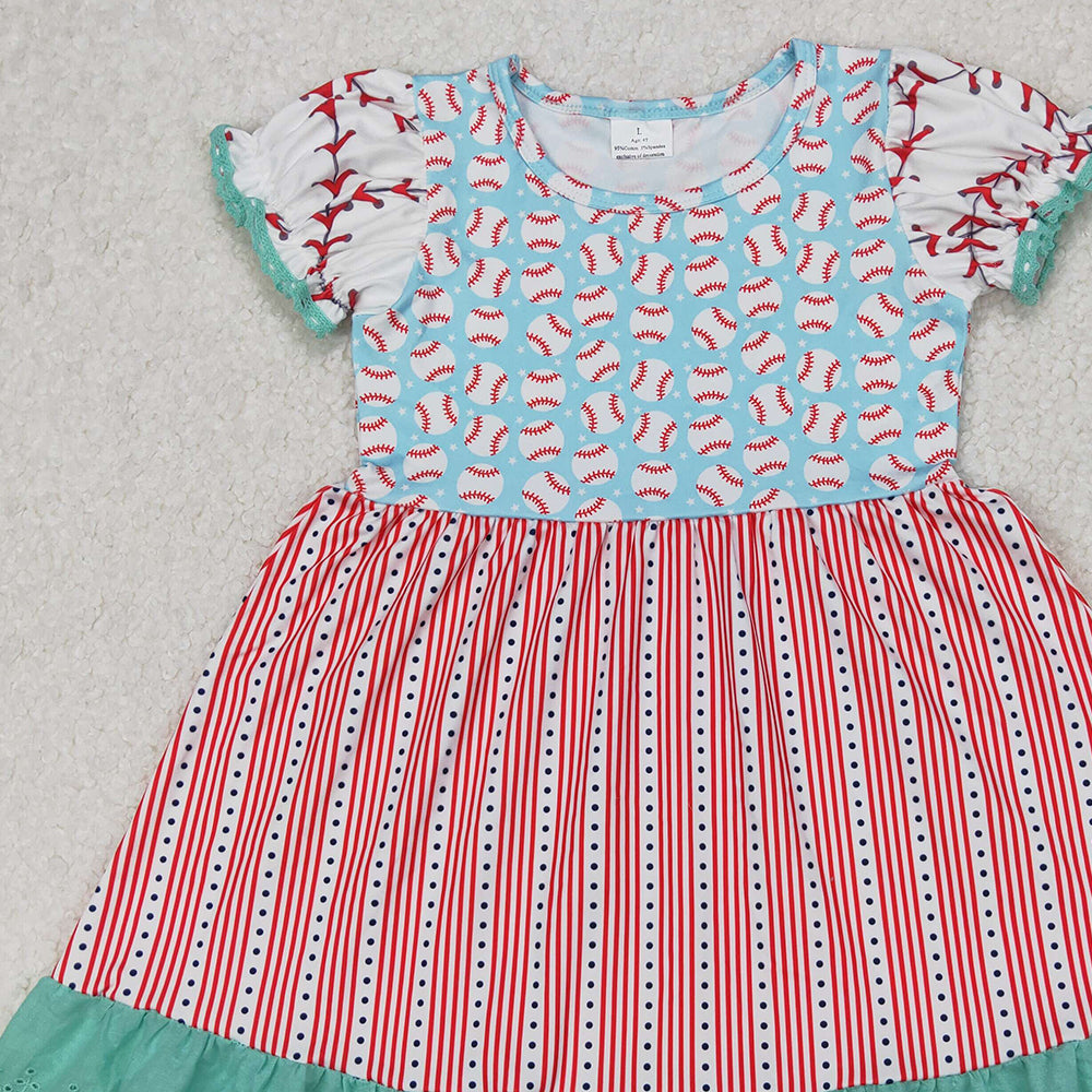 4.08 GSD1749 RTS NO MOQ Baby Girls Summer Dress Aqua Short Ruffle Sleeves Baseballs Print Red Stripe Lace Dresses