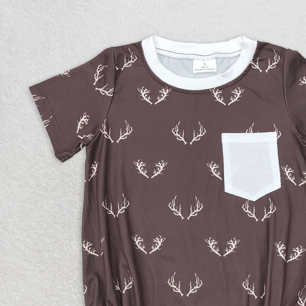 SR1614 RTS NO MOQ Baby Boys Summer Rompers Baby Boys Deer Short Sleeve Pocket Rompers