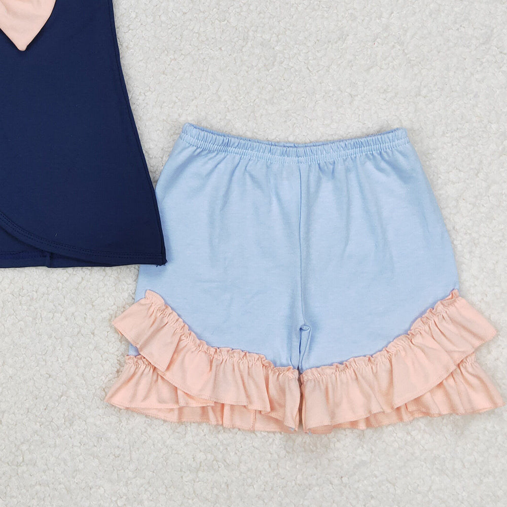 4.30 GSSO2272 RTS NO MOQ Pink bow sleeveless navy tunic shorts girls outfits