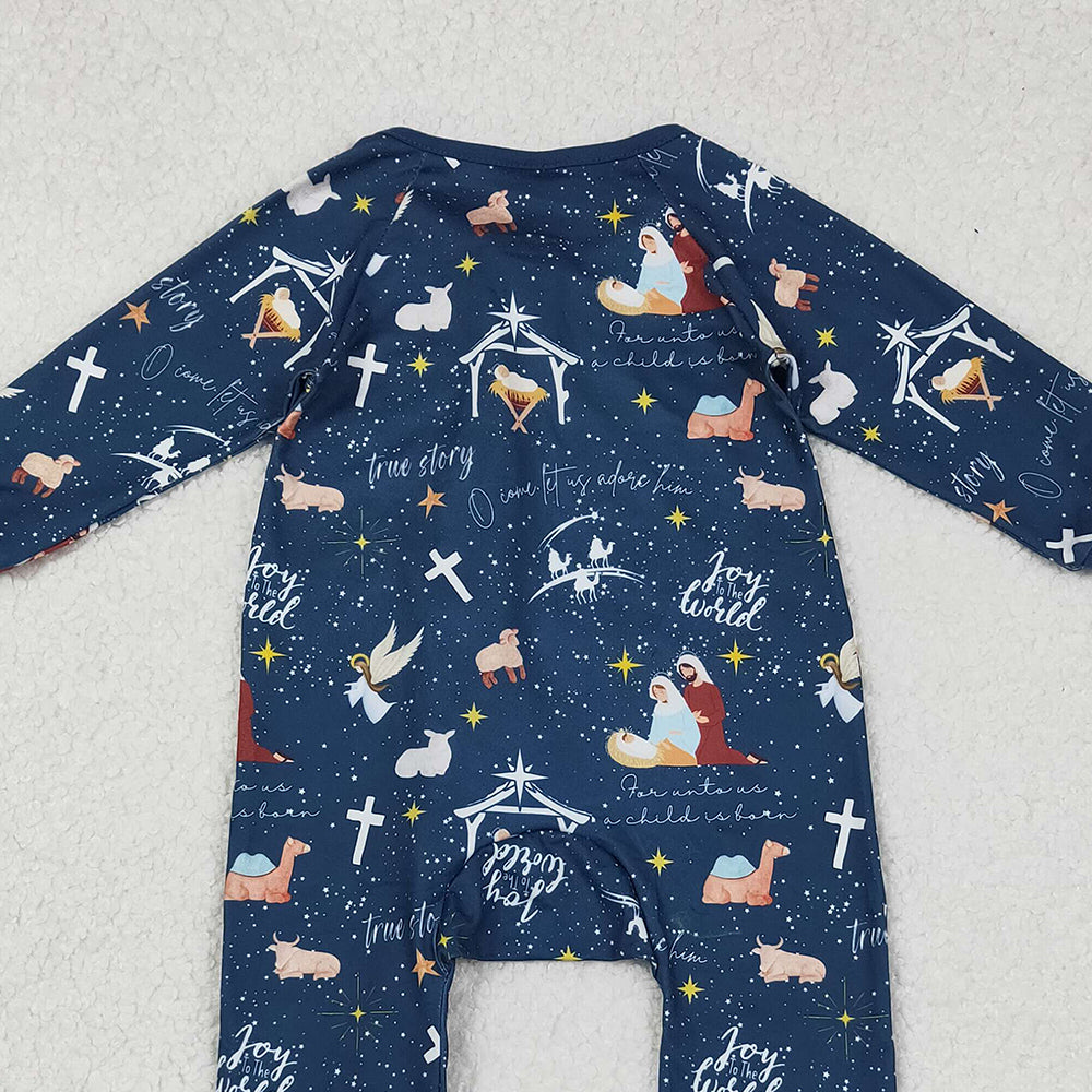 RTS NO MOQ (In stock)LR2504 Baby Boys Winter Rompers Blue Long Sleeve Cross Nativity Baby Christmas Zip Romper for Infants Boy