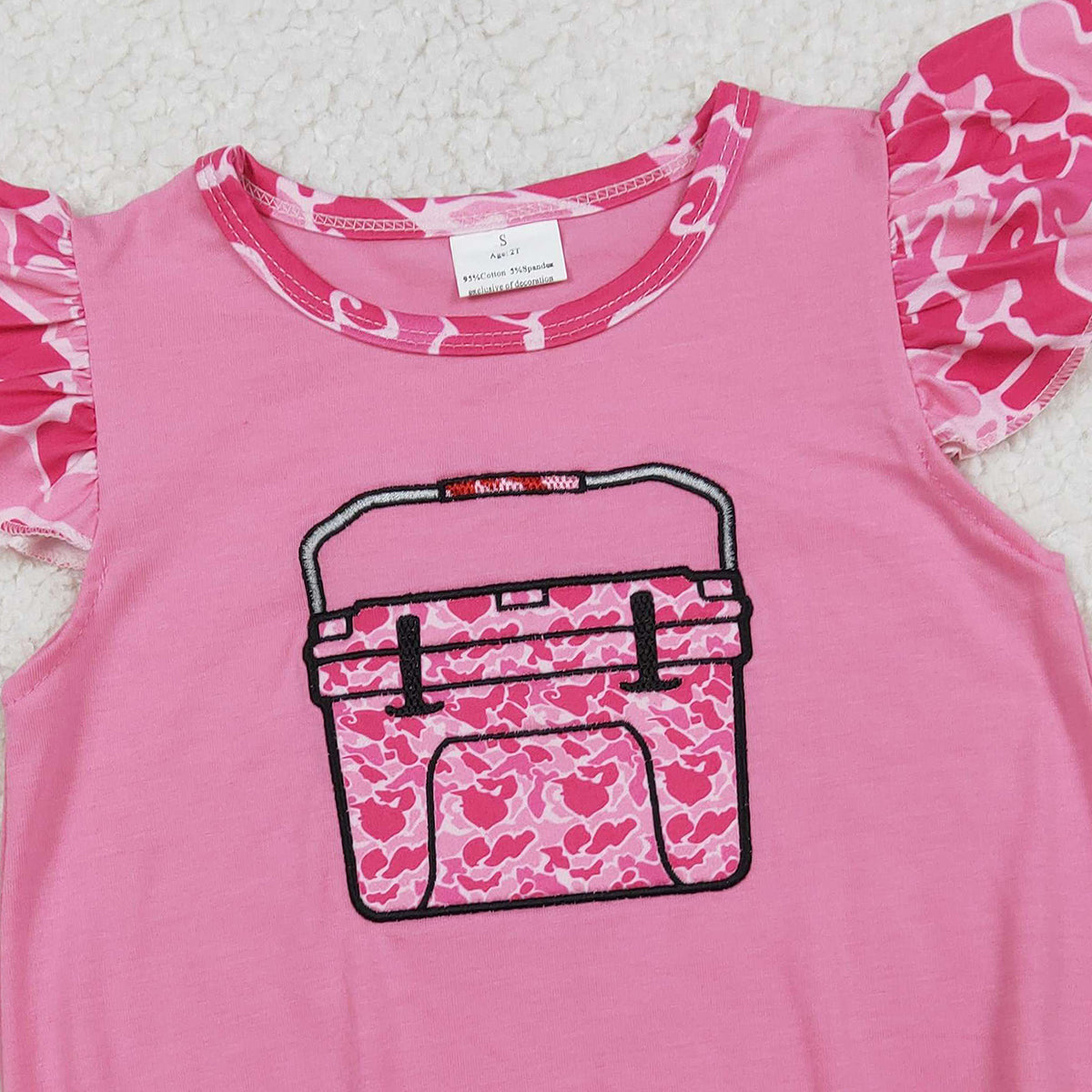 1.19 RTS NO MOQ (In stock)SR3762 Embroidery Pink Camo Boxes Baby Girls Hunting Ruffle Rompers