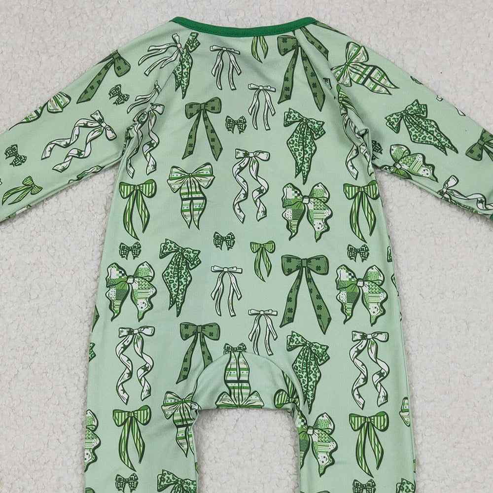 9.29 RTS NO MOQ (In stock) 6-12m-7-8t GLP2840 Baby Girls Winter Outfits Baby Girls Green Clovers Leopard Bows Top Pants St Patrick Pajamas Sets