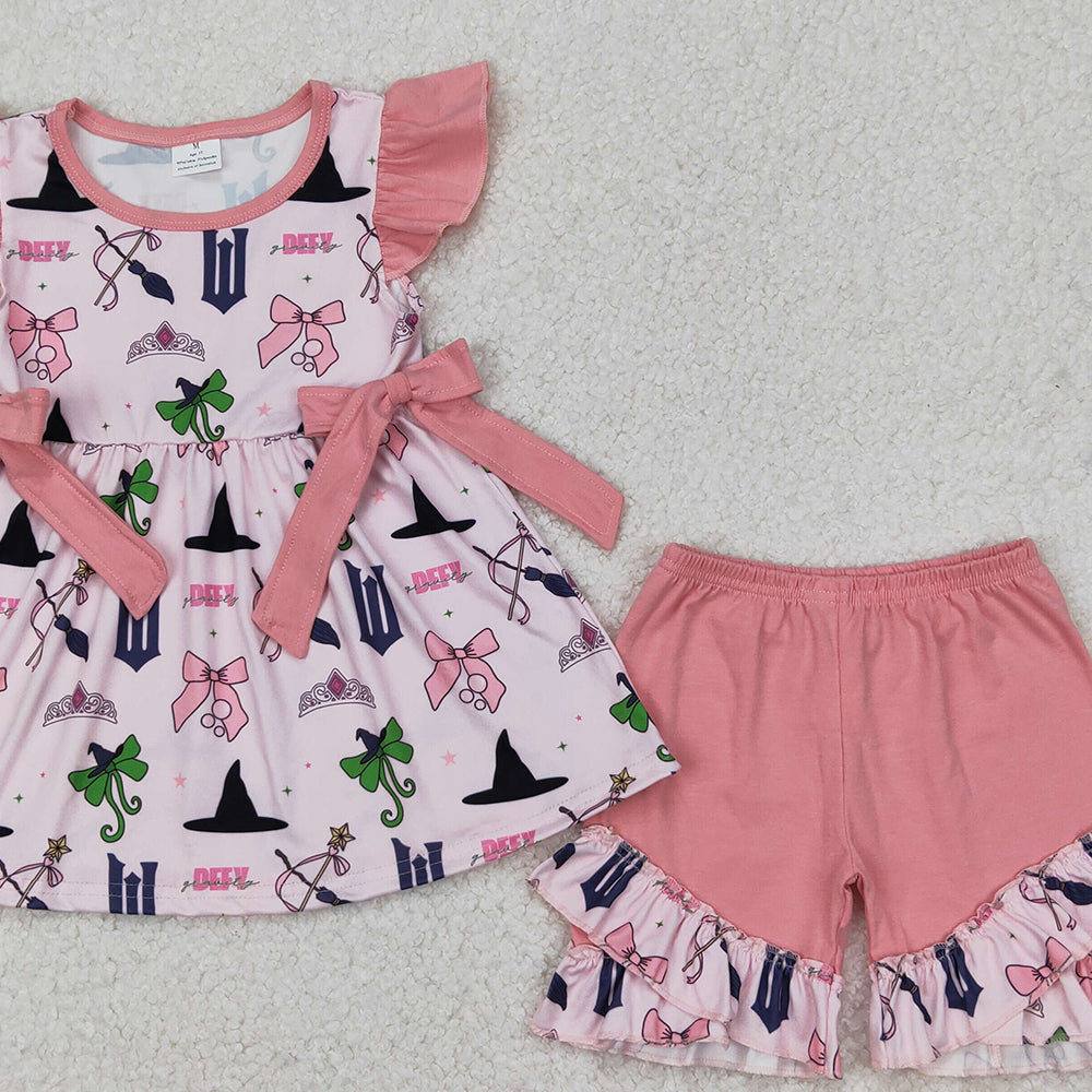 4.17 GSSO2006 RTS NO MOQ Cartoon witch hat crown pink lace bow pattern flying sleeve shorts suit