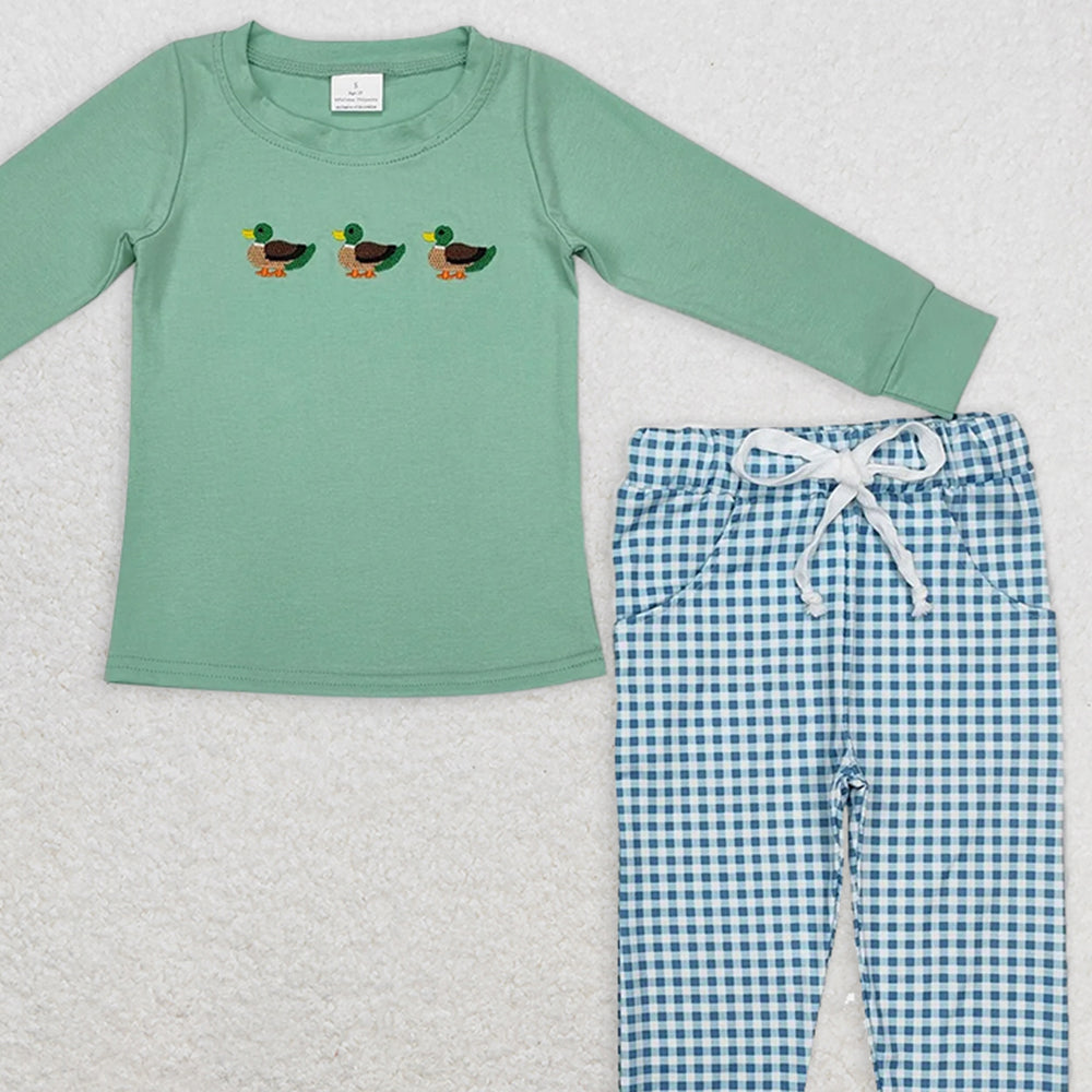 BLP1021RTS NO MOQ Baby Boys Winter Outfits Long sleeves duck top plaid pants kids boys clothing