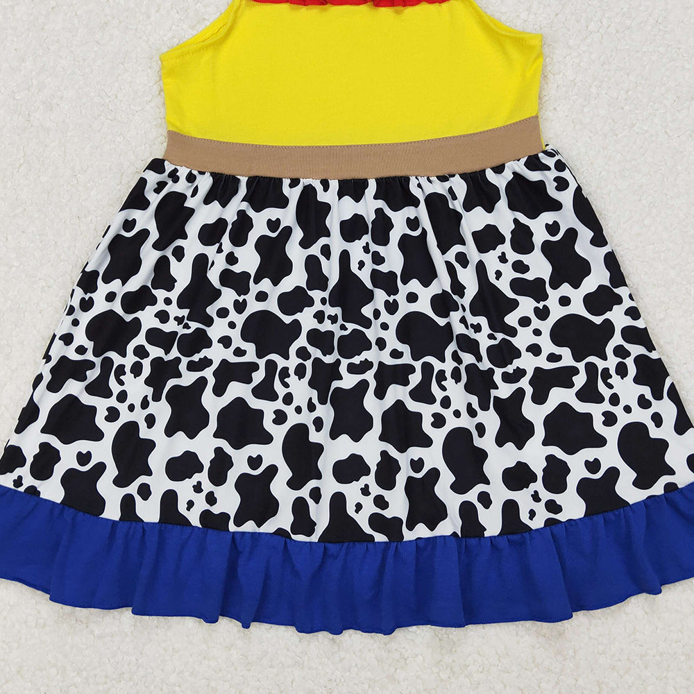 GSD1881 RTS NO MOQ Yellow cow print flutter sleeves ruffle baby girls dress