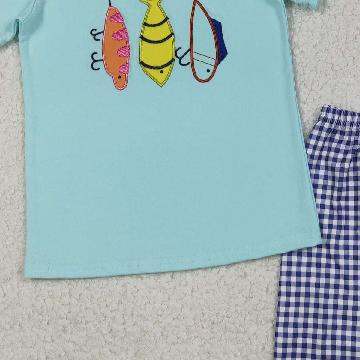 12.4 RTS NO MOQ (In stock)BSSO1628 Embroidery Fishing Baby Boys Top Checked Shorts Hunting Clothes Sets