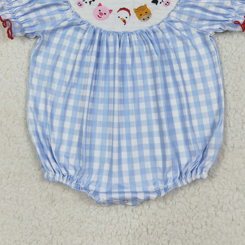 SR2981 RTS NO MOQ Baby Girls Summer Rompers Short sleeves blue plaid cow pig chicken baby girls romper