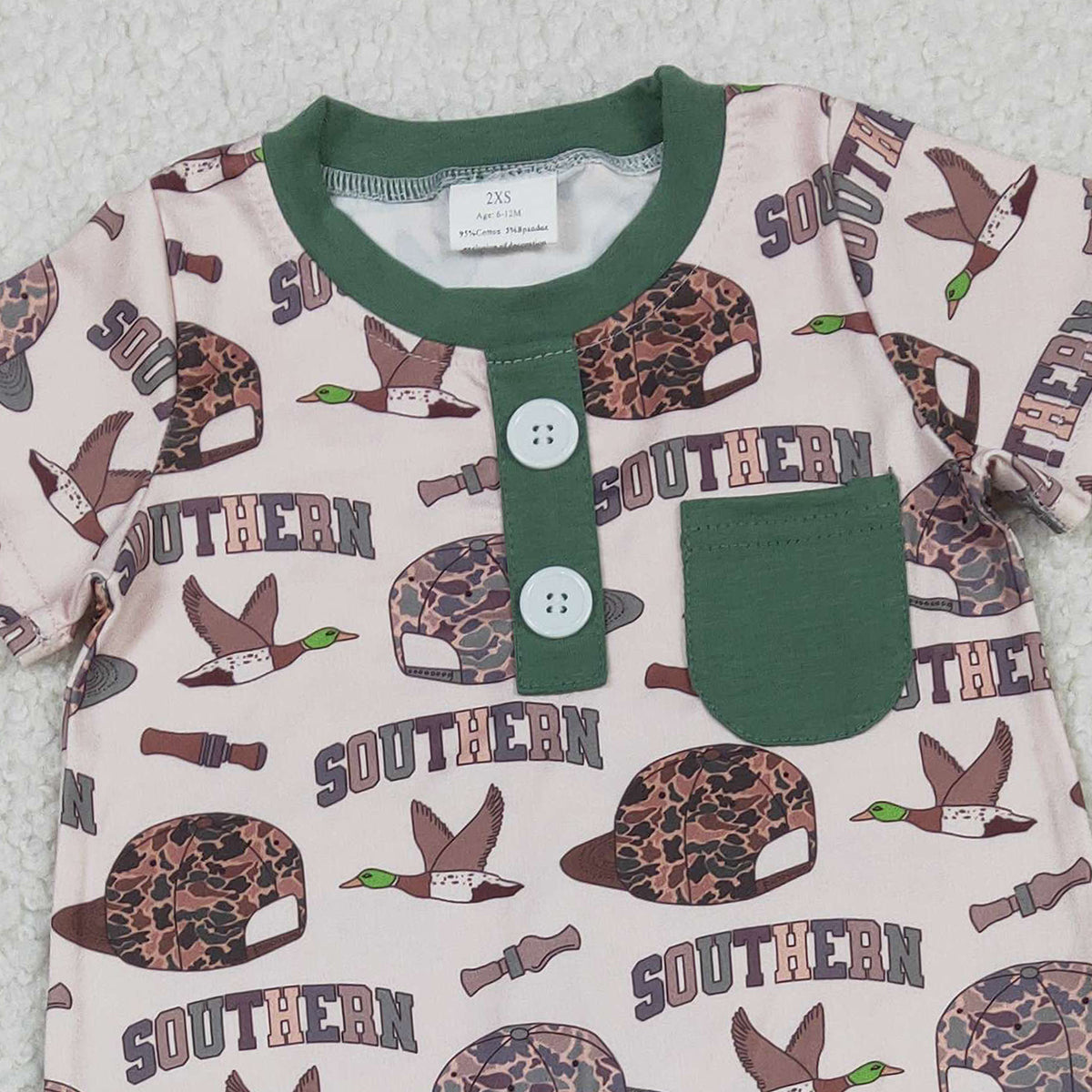 12.6 RTS NO MOQ (In stock)SR3245 Baby Boys Rompers Baby Boys Camo Hats Ducks Button Pocket Southern Footie Rompers